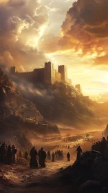 Stormlit citadel above a marching river of warriors.