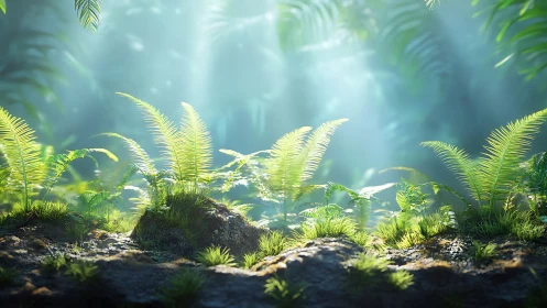 Sunlit fern undergrowth on mossy forest floor scene.