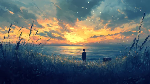 Solitary figure watches vivid sunset over calm sea