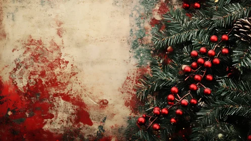 Cozy Christmas greenery with bright berries along rustic wall.