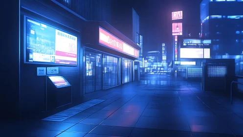 Neon blue cyber city street with luminous billboards at night.