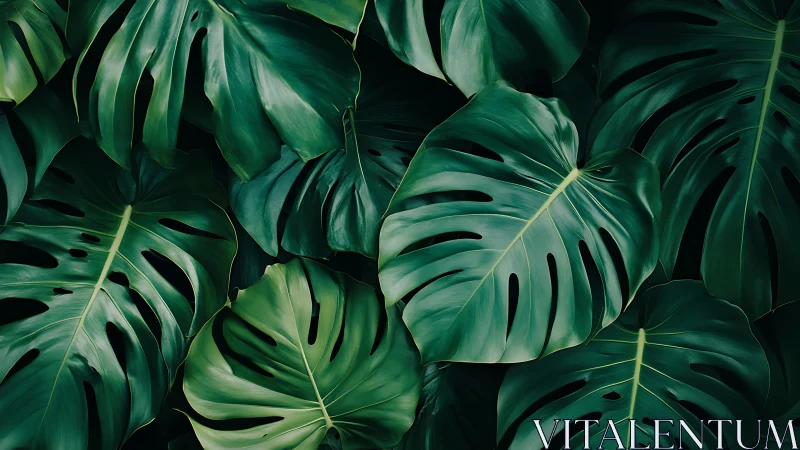 Dense overlapping monstera foliage fills the image frame