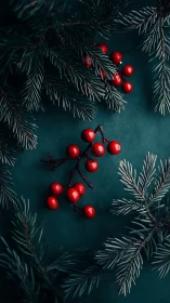 Evergreen fir needles and red berries arranged in dramatic contrast