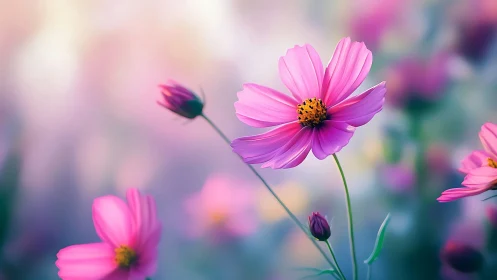 Soft Focus Cosmos Blooms in Pastel Pink and Purple Hues.