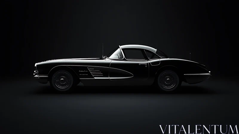 Side profile of classic black coupe in dark studio setting.