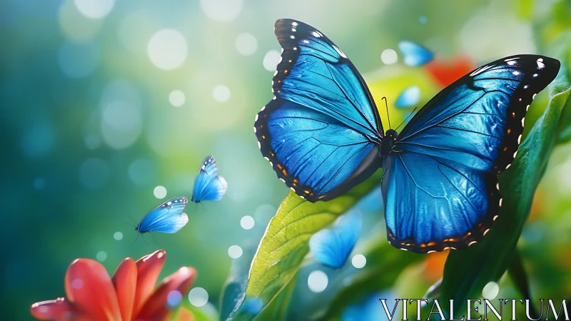 Blue morpho butterfly on leaf with luminous bokeh background.