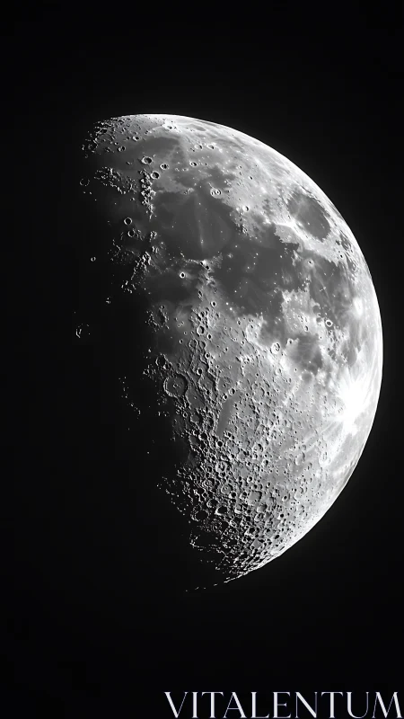 First quarter moon with detailed craters in stark contrast.