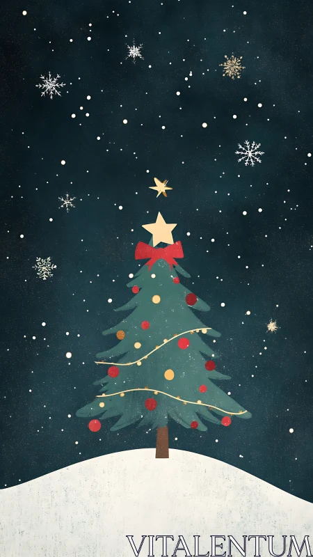 Simple Christmas tree on snowy hill with dark night sky.