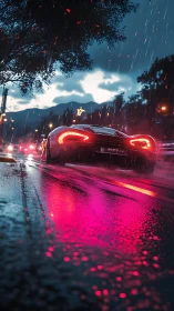 Hyperreal supercar rear view on neon soaked rainy highway