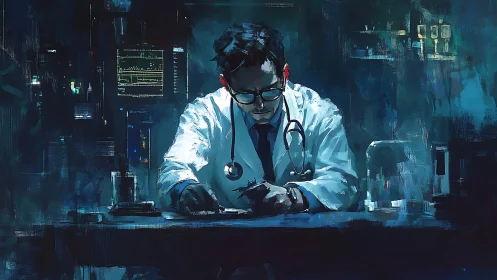 Midnight doctor decoding heartbeats in neon laboratory hush.