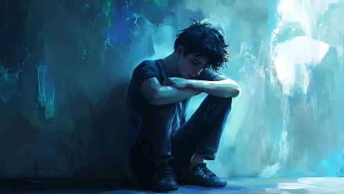 Solitary young figure seated against cool blue wall.