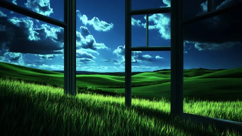 Surreal digital window framing glowing green hills at night.