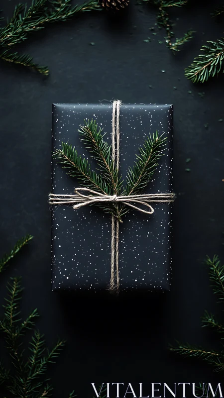Minimalist holiday gift still life in dark flatlay composition.