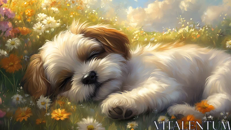 Puppy sleeping in wildflower meadow under warm diffused light