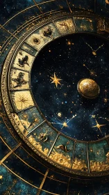 Celestial zodiac wheel with gilded constellations in orbit.