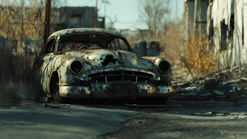 Rusting classic car in abandoned, overgrown urban street.