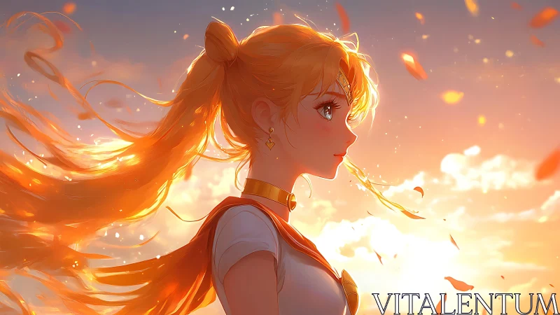Sunlit anime heroine stands in golden wind at sunset.