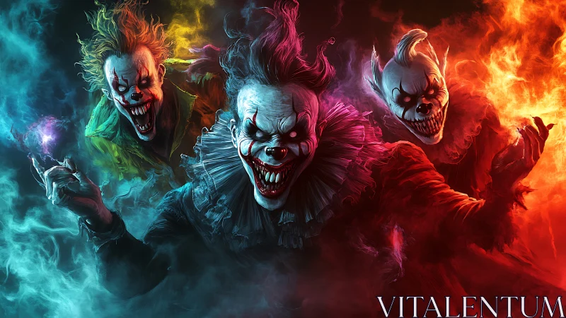 Sinister killer clowns emerge through colored infernal smoke.