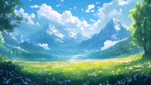 Mountain valley landscape with meadow, lake and clouds.