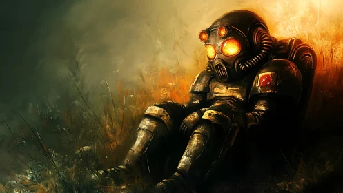 Desolate armored soldier resting in burning twilight field.