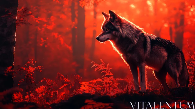 Wolf stands in red-tinted digital forest environment at dusk