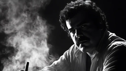 Moody black and white portrait in swirling dramatic smoke.