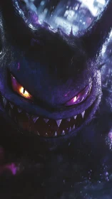 Glowing-eyed shadow creature grinning through stormy night.