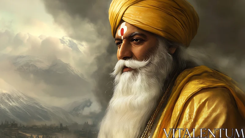 Elderly sage in golden turban before stormy mountain vista.