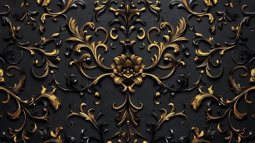 Ornamental gold and black floral relief decorates dark surface