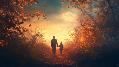 Autumn forest path with parent and child at sunset glow.