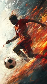 Dynamic soccer striker in fiery digital motion burst.