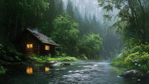 Rain-soaked forest cabin beside reflective river under dusk.