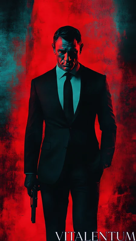 Suited gunman stands against harsh red background.