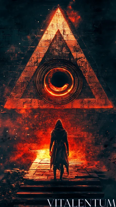 Hooded wanderer confronts fiery cosmic triangle gate.