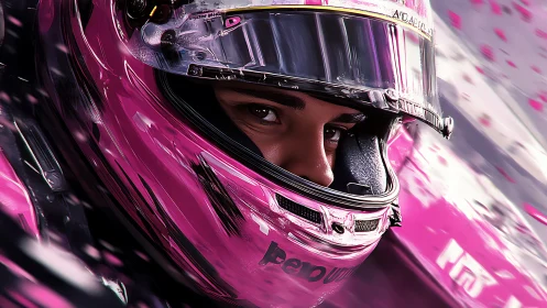 Racing driver close-up in vivid pink aerodynamic helmet.