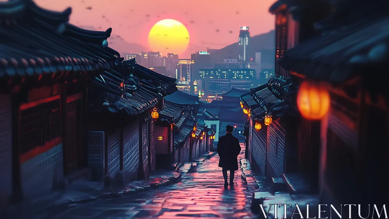 Sunset stroll through lantern-lit old town and bright city.