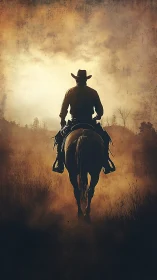 Silhouetted mounted rider advances along dusty rural path
