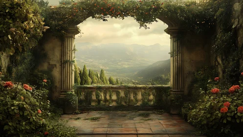 Stone terrace arch framing distant valley and mountains.