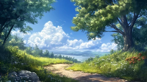 Sunlit forest path overlooks distant lake under volumetric clouds