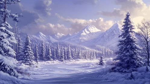 Snow covered pine forest and distant winter mountains scene.