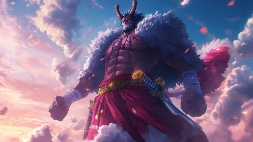 Sky-towering warrior stands boldly wrapped in golden light