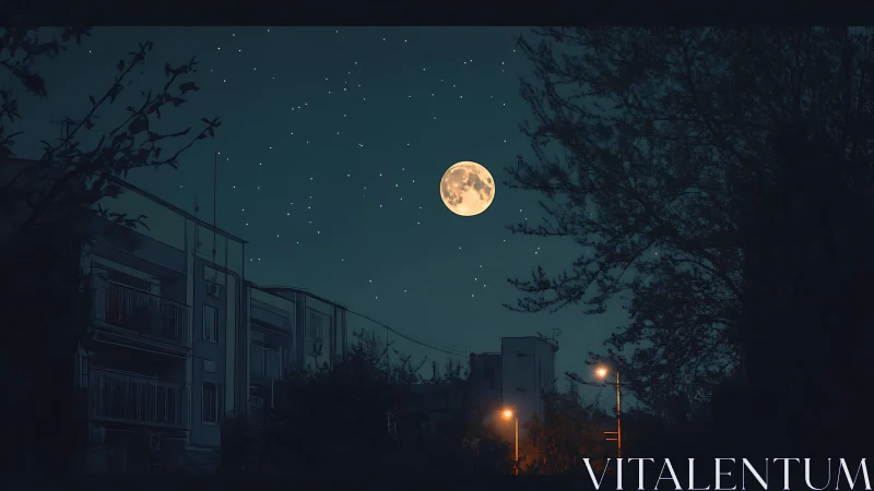 Full moon over residential buildings and silhouetted trees