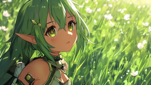 Elven girl in sunlit meadow with dreamy gaze and light.