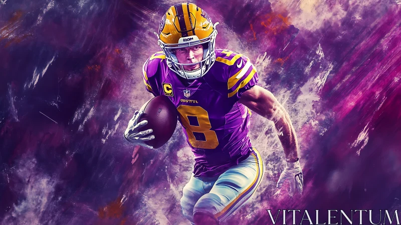 American football ballcarrier in purple uniform on abstract field.