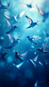 Aerial kinematics of luminous blue birds in volumetric light field.