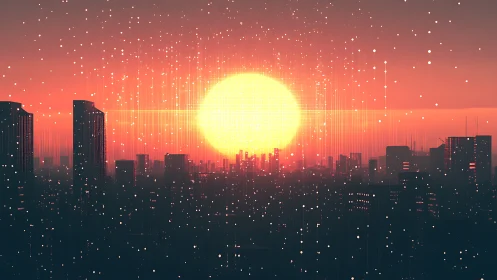 Digital sun over dense city skyline with particulate overlay