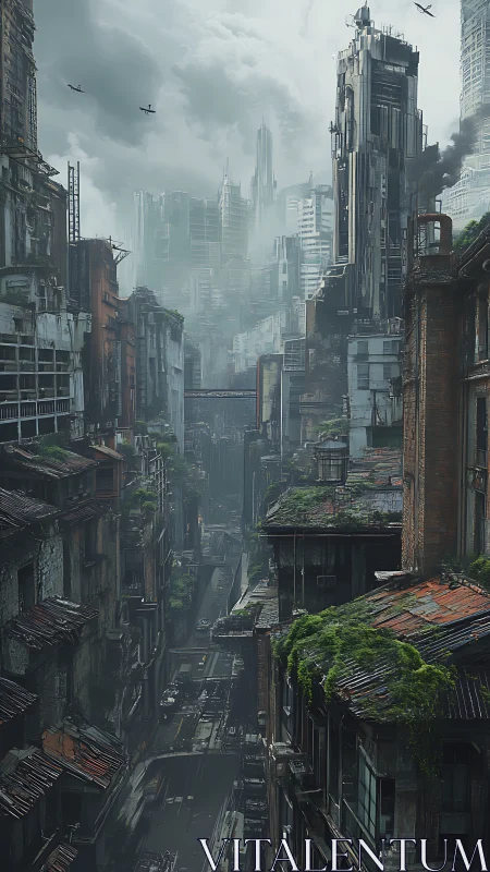 Vertical cyberpunk ruin canyon with overgrown transit corridors.