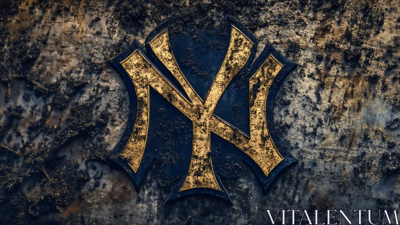 Weathered metallic interlocking NY emblem fixed on gritty wall