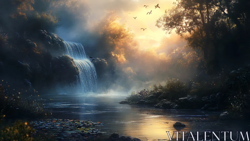 Golden forest waterfall at dawn welcoming quiet wonder.