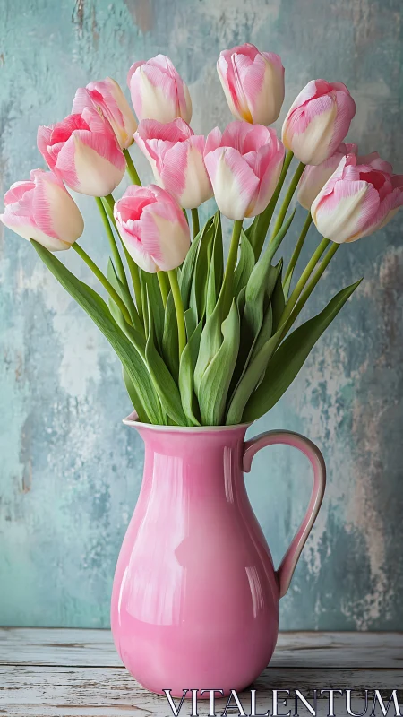 Pink Tulips in Ceramic Pitcher: Botanical Still Life Composition.